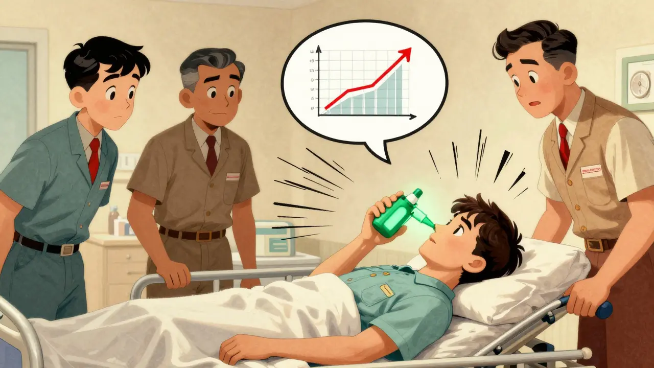 Personne administre un glucagon nasal à un patient inconscient en milieu hospitalier, avec un dispositif moderne en évidence et un graphique de hausse du sucre en bulle.