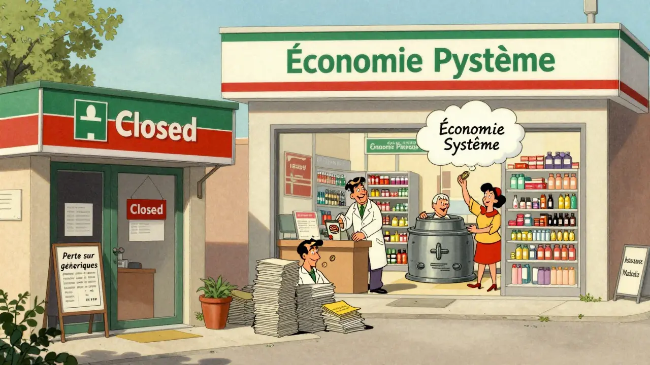 Pharmacie indépendante fermée à côté d'une grande chaîne prospère, avec un pharmacien submergé par des pertes.