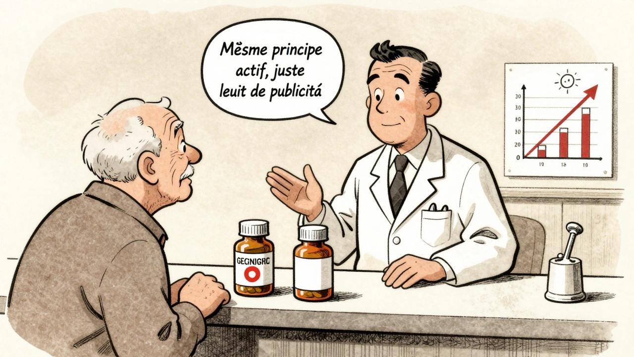 Pharmacien expliquant calmement un médicament générique à un patient âgé, avec deux bouteilles côte à côte sur le comptoir.