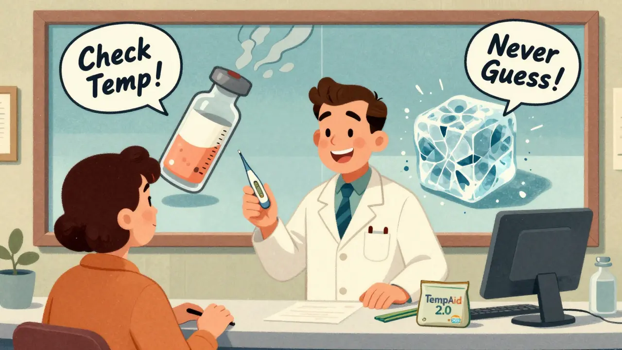 Pharmacien offrant un thermomètre et un sac isotherme professionnel, avec schéma humoristique de dégradation.