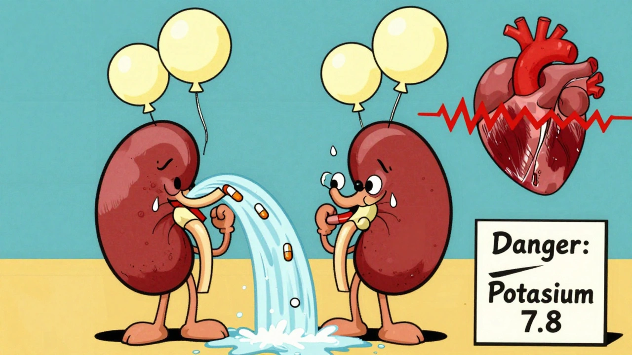 Reins cartoon avec des pilules de triméthoprime les inondant, provoquant une explosion de potassium.