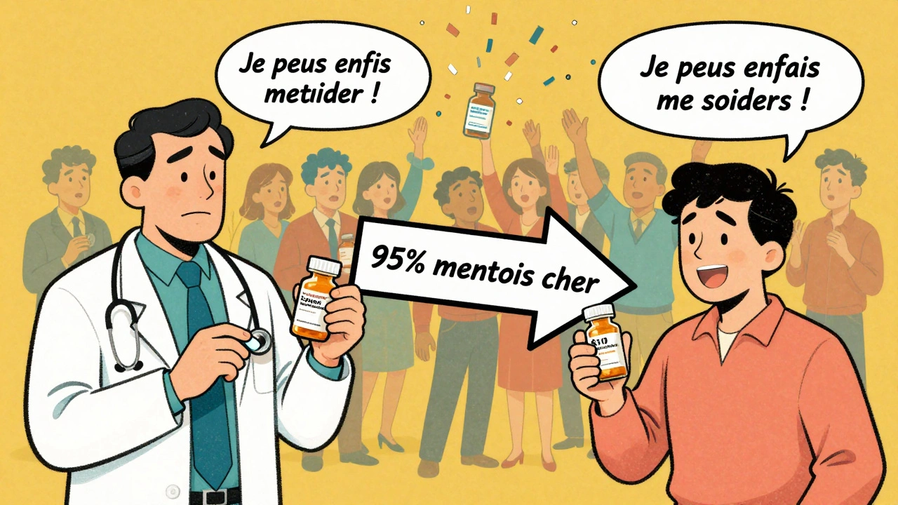 Scène comparant un médicament de marque coûteux à un générique abordable, avec un patient souriant et une flèche indiquant 95 % d&#039;économie.