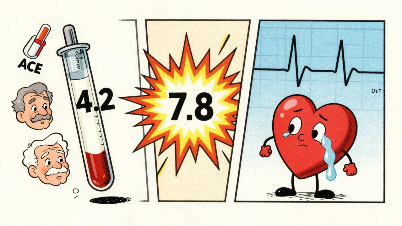 Séquence de bande dessinée montrant une élévation du potassium jusqu&#039;à l&#039;arrêt cardiaque.