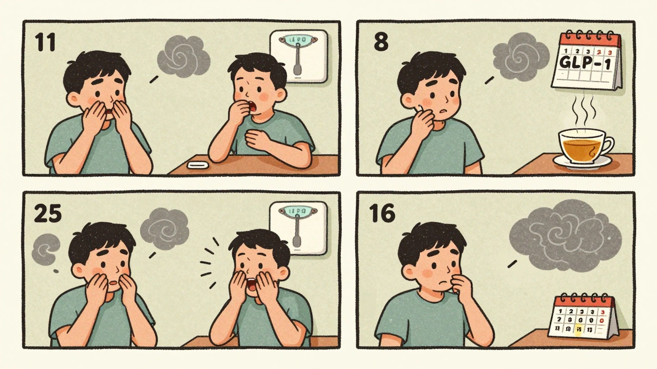 Séquence en quatre images montrant l&#039;augmentation progressive de la dose GLP-1 et la réduction des nausées.