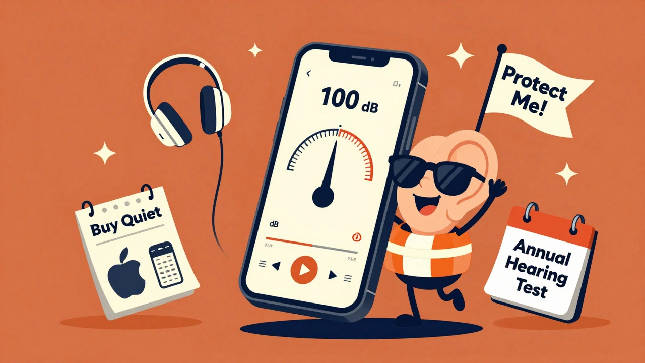 Téléphone affichant un niveau de bruit de 100 dB, avec une oreille caricaturale portant des lunettes de soleil et un gilet de sauvetage.