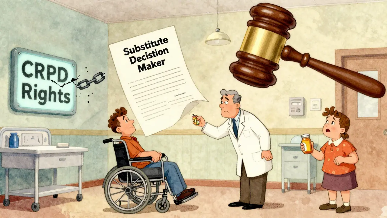 Un patient en santé mentale entouré de décideurs substitués et d'un symbole de droits brisés.