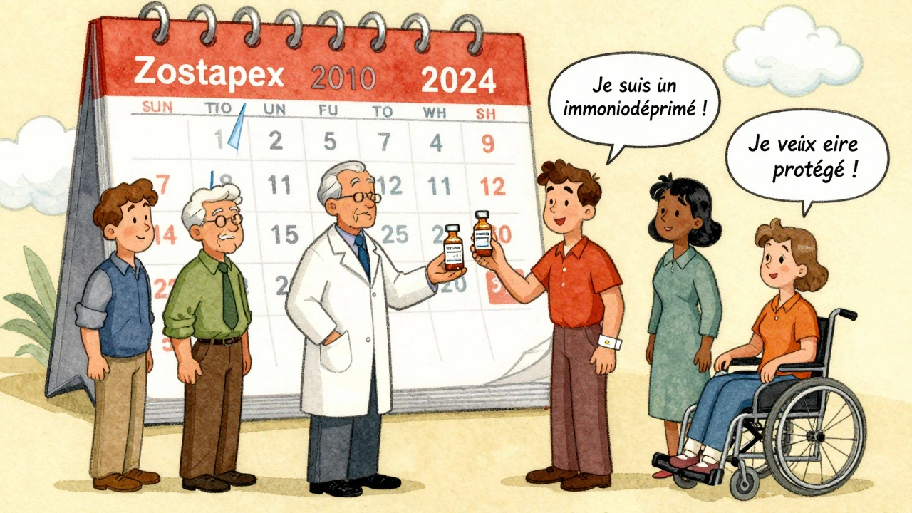 Un pharmacien distribue deux doses de Shingrix à des personnes de différents âges et statuts.