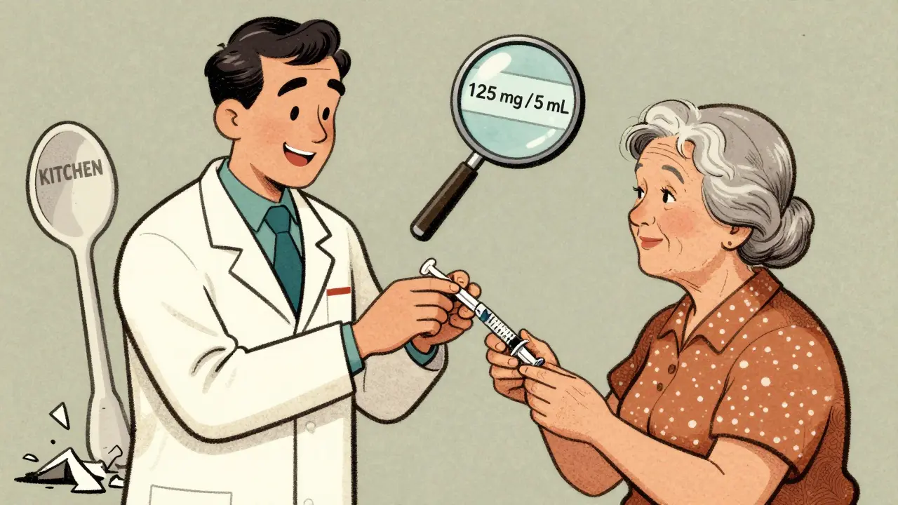 Un pharmacien montre à une grand-mère comment remplir une seringue avec précision, en vérifiant la concentration du médicament.