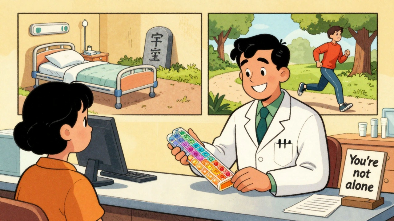 Un pharmacien remet une boîte à pilules à un patient, avec deux chemins opposés en arrière-plan.