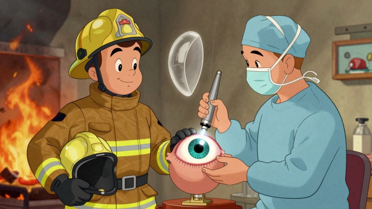 Un pompier reçoit une intervention PRK, avec un laser qui retire la couche superficielle de l'œil, sans volet.