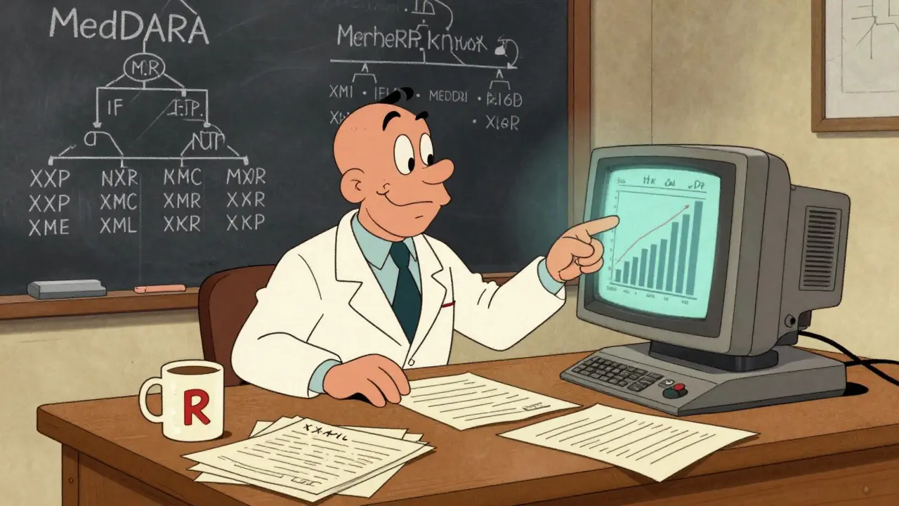 Un scientifique étudie des fichiers XML et un tableau MedDRA sur un tableau noir.