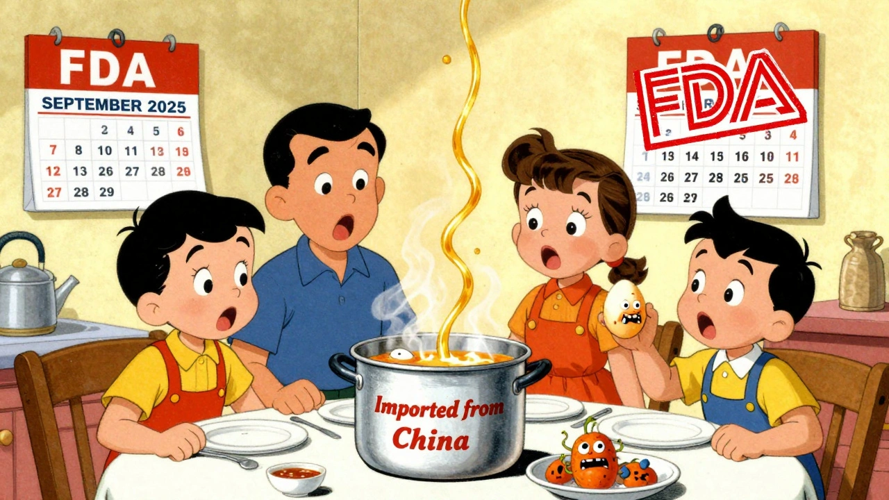 Une casserole qui libère du plomb dans un plat, avec un œuf contaminé et une famille horrifiée, dans un style cartoon rétro.