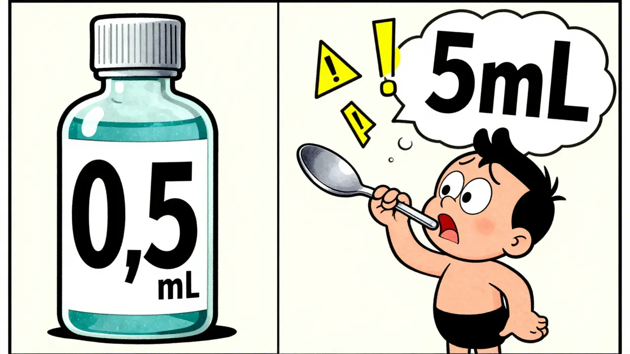 Une étiquette de médicament affiche '0,5 mL' clairement, tandis qu'une autre erreur '.5 mL' provoque une explosion de symboles d'avertissement.