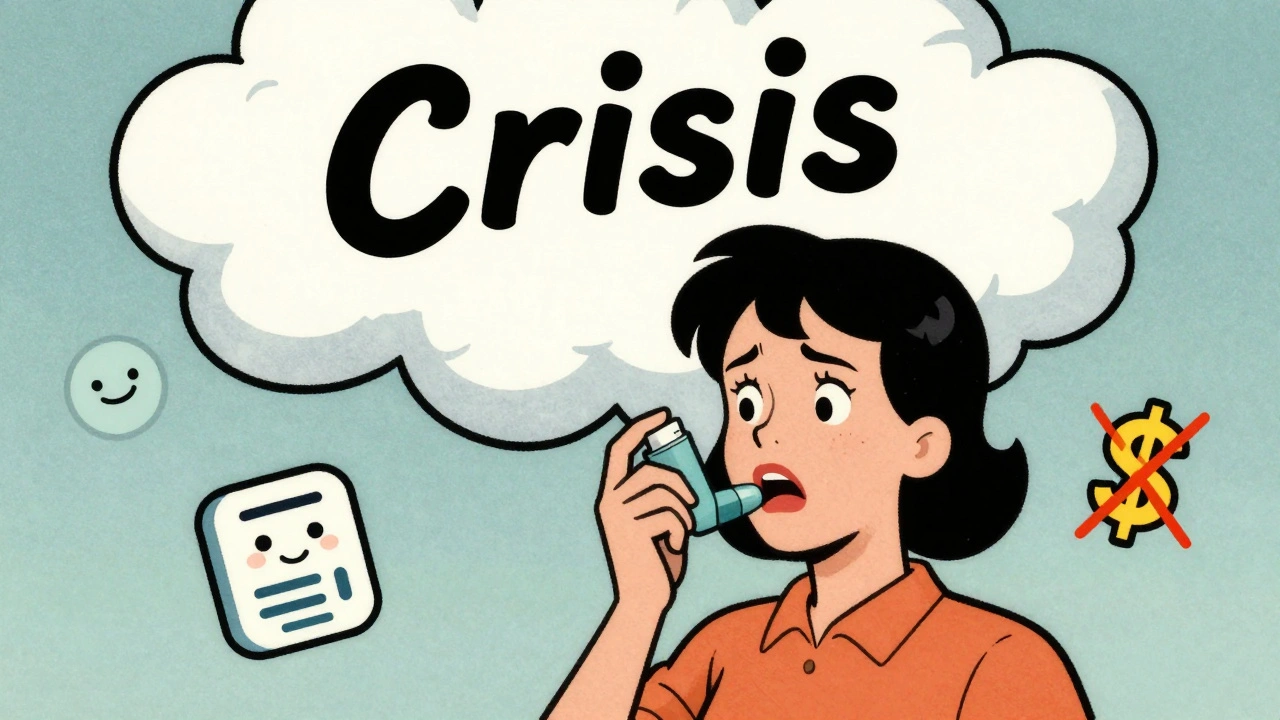 Une jeune femme hésitant à utiliser son inhalateur face à une menace sombre.