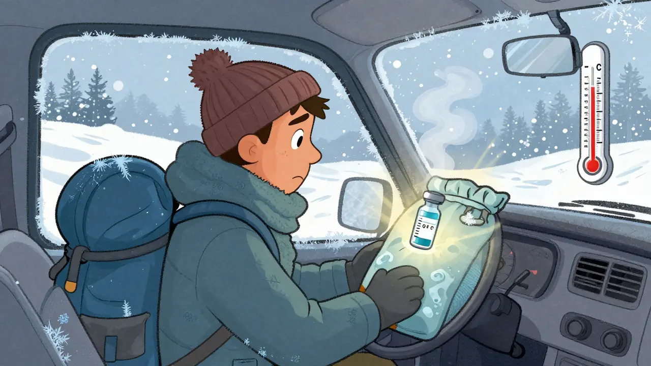 Voyageur protégeant son insuline du froid extrême dans un sac isotherme, en hiver.