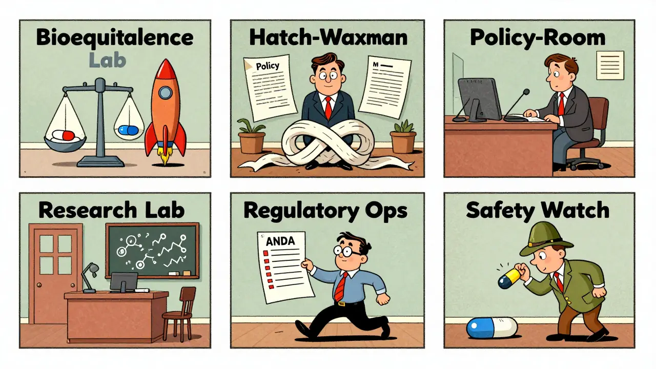 Cinq départements du bureau des génériques représentés comme des pièces cartoon aux signes exagérés.