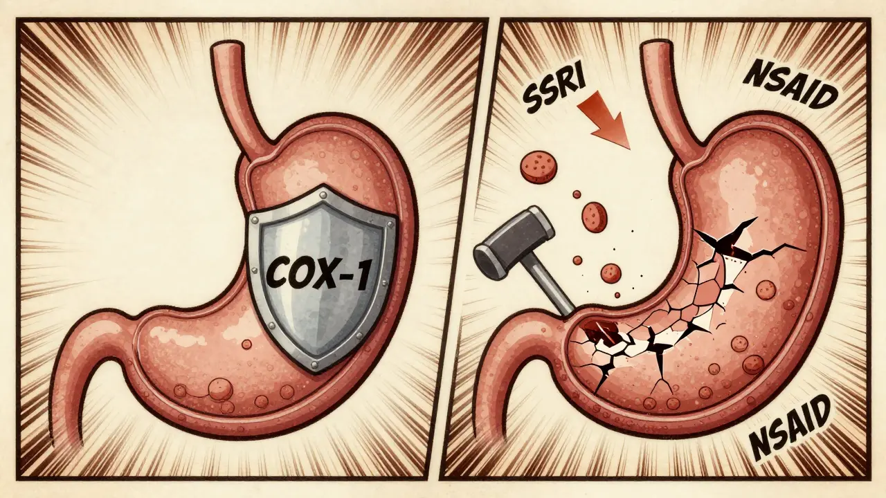 Comparaison cartoon d'un estomac sain et endommagé par les SSRIs et NSAIDs, avec des flèches et des effets de dommages.