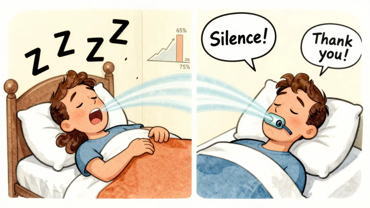 Comparaison cartoon : ronflement violent vs sommeil calme avec appareil oral efficace.