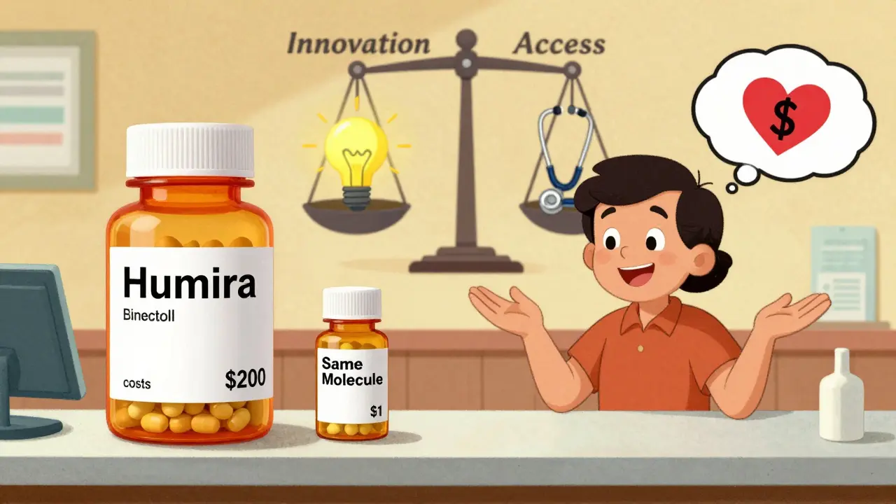 Comptoir de pharmacie avec médicament cher et générique bon marché, patient souriant.