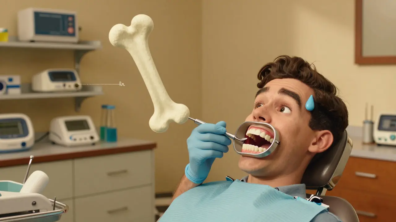 Dentiste prenant une empreinte dentaire avec un modèle animé de mâchoire avancée.