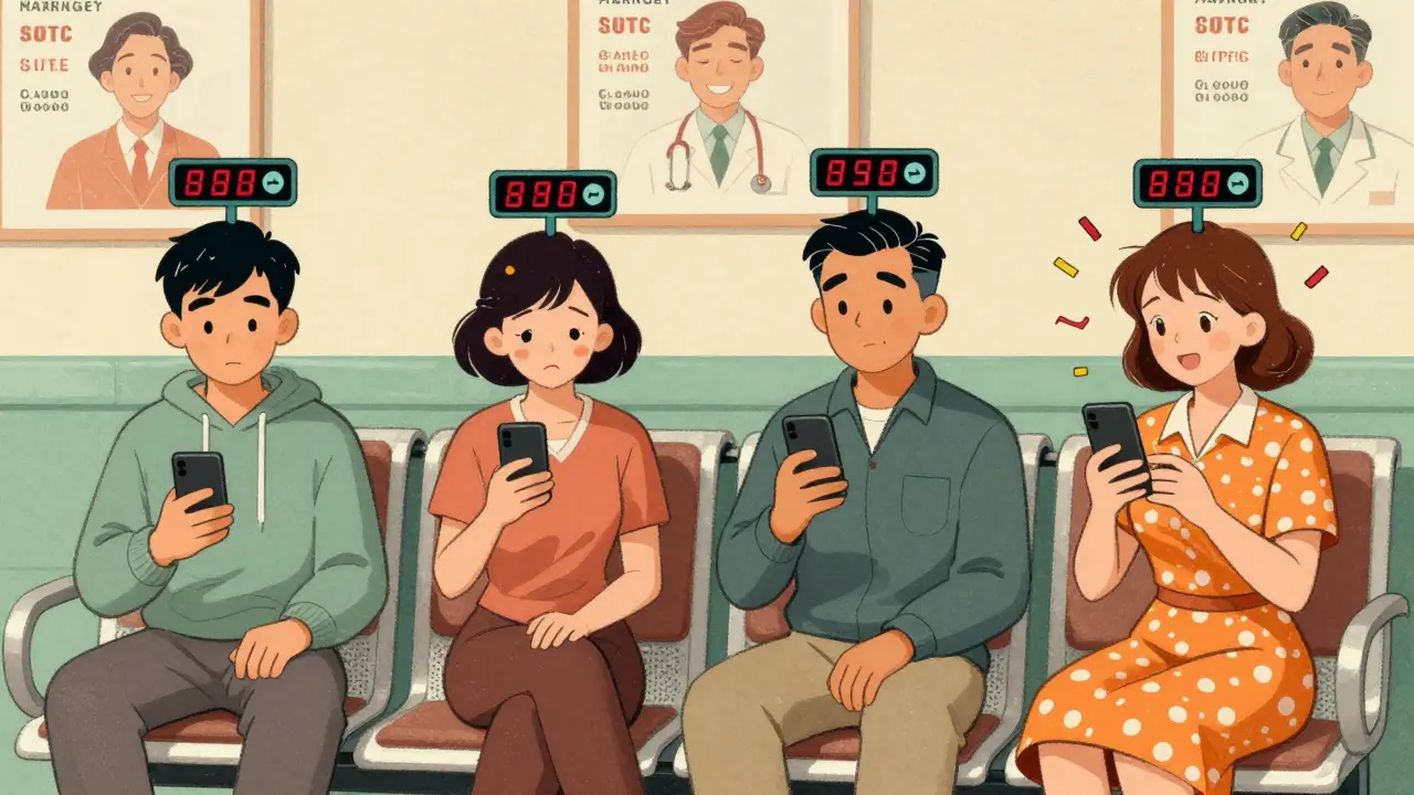 Des patients dans une salle d'attente suivent leur série d'adhésion médicale sur leurs téléphones, avec des compteurs visuels.