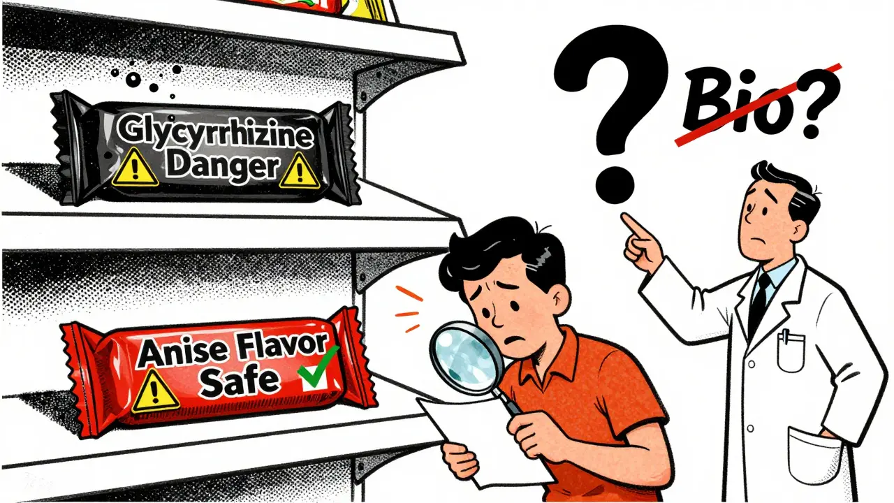 Étagère de bonbons : la réglisse noire dangereuse à côté d'une alternative sûre à l'anis, style cartoon rétro.