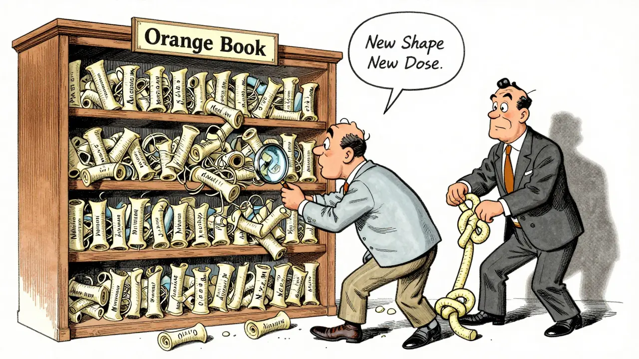 Étagère du Livre Orange remplie de brevets enchevêtrés, un chercheur les dénoue.