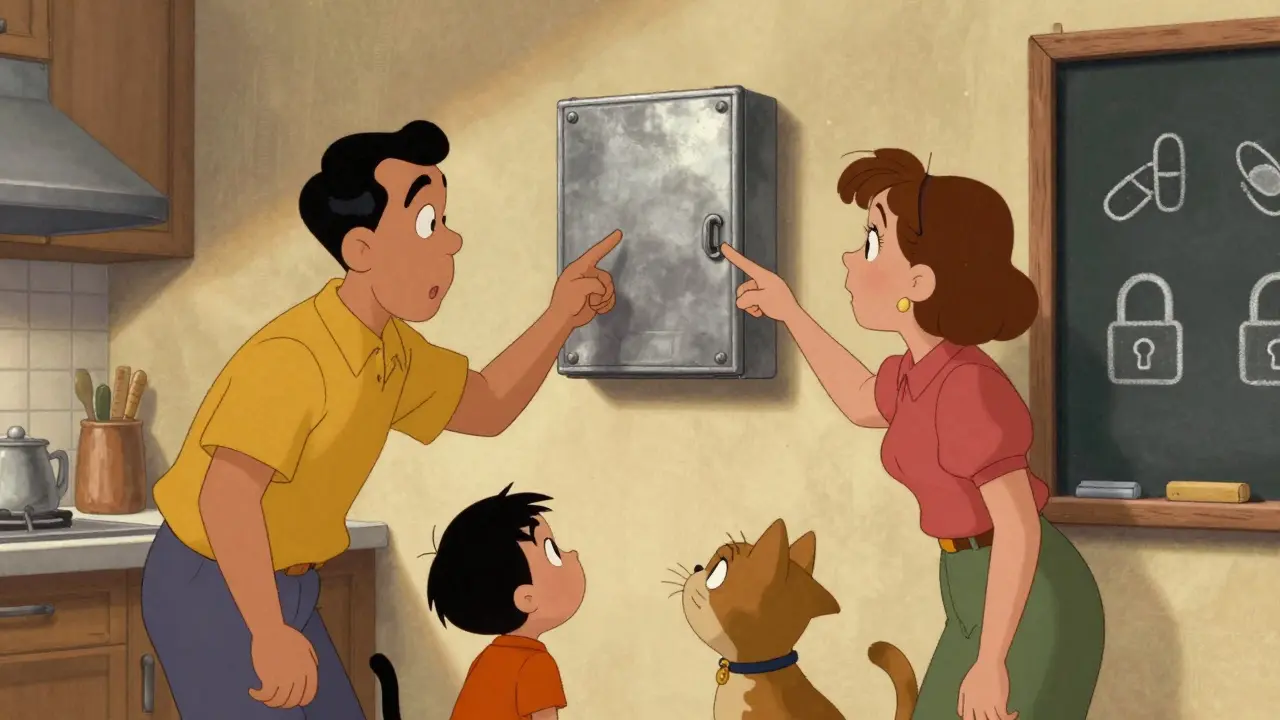 Famille regardant une boîte verrouillée fixée au mur dans la cuisine, avec un enfant et deux animaux en dessous.