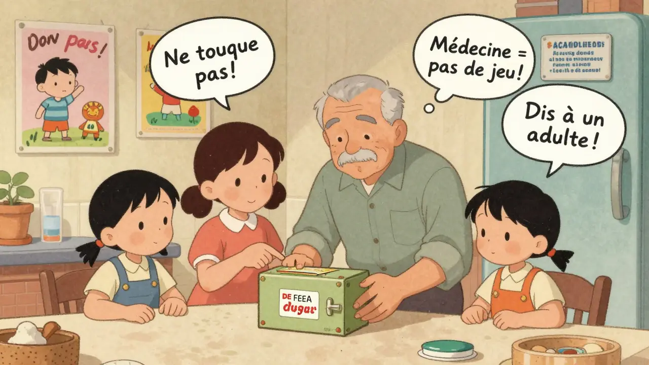 Famille regarde une boîte à médicaments verrouillée avec des affiches dessinées par les enfants : 'Médecine = pas de jeu'.