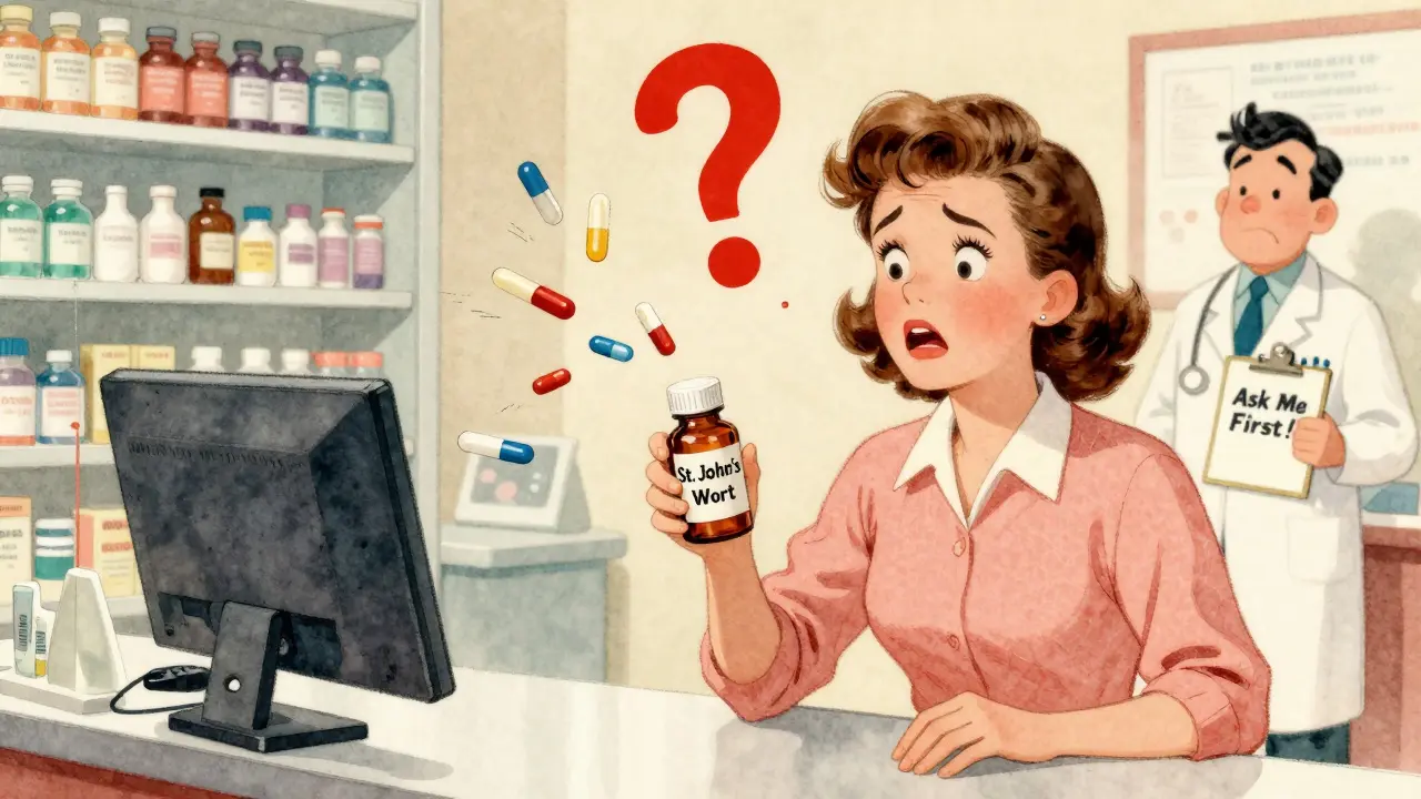 Femme à la pharmacie, ses médicaments s'envolent tandis qu'elle prend du millepertuis, style cartoon rétro.