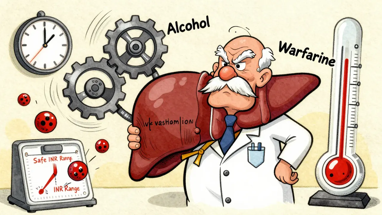 Foie en forme d'homme jugeant l'alcool et le warfarine, style cartoon ancien.