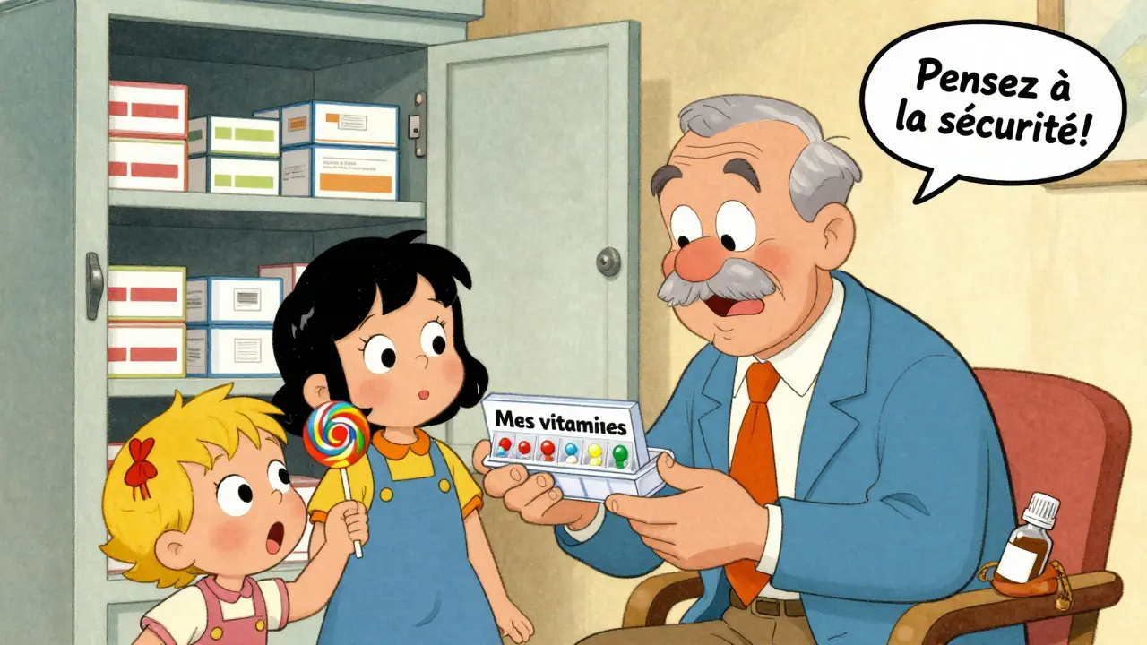 Grand-père laisse ses pilules dans un organisateur non sécurisé, tandis que ses petits-enfants les prennent pour des bonbons.