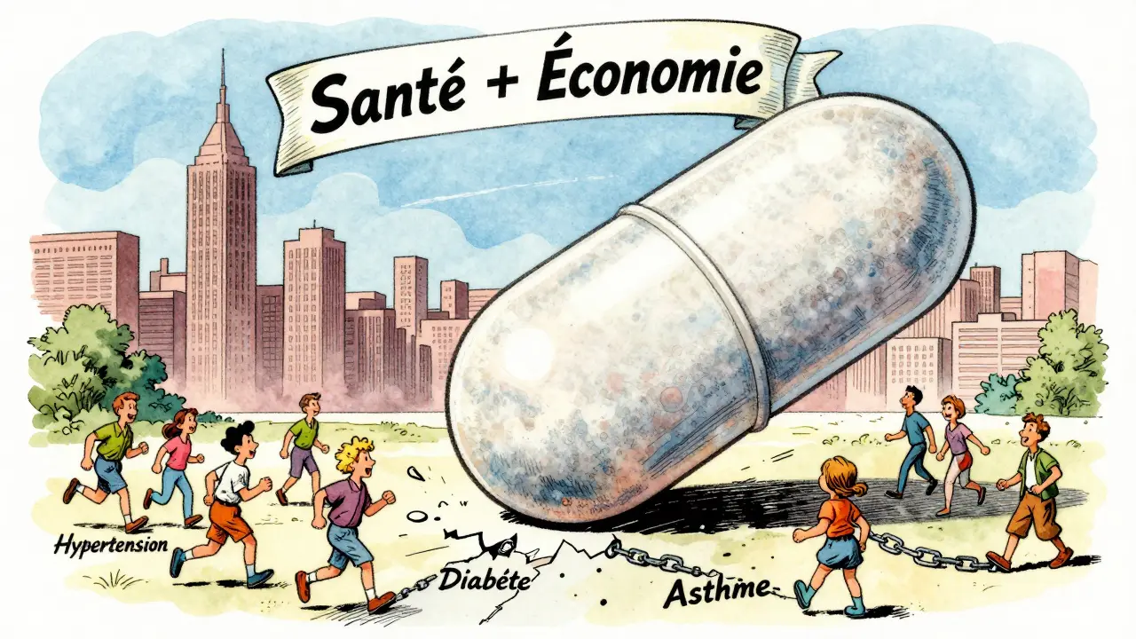 Gros médicament générique au-dessus d'une ville où des patients vivent libres et en bonne santé.