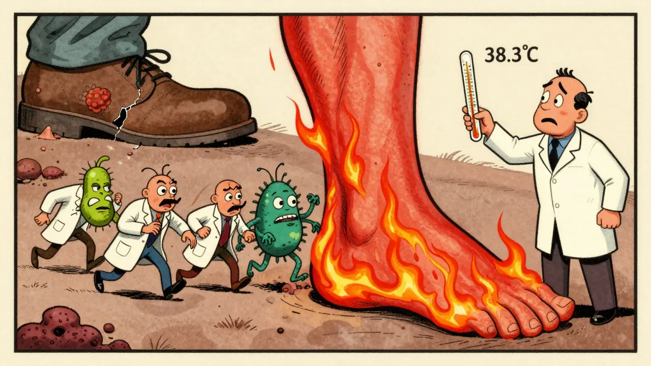 Jambe enflée et rouge avec des bactéries en armée, représentant une cellulite en propagation, style cartoon ancien.