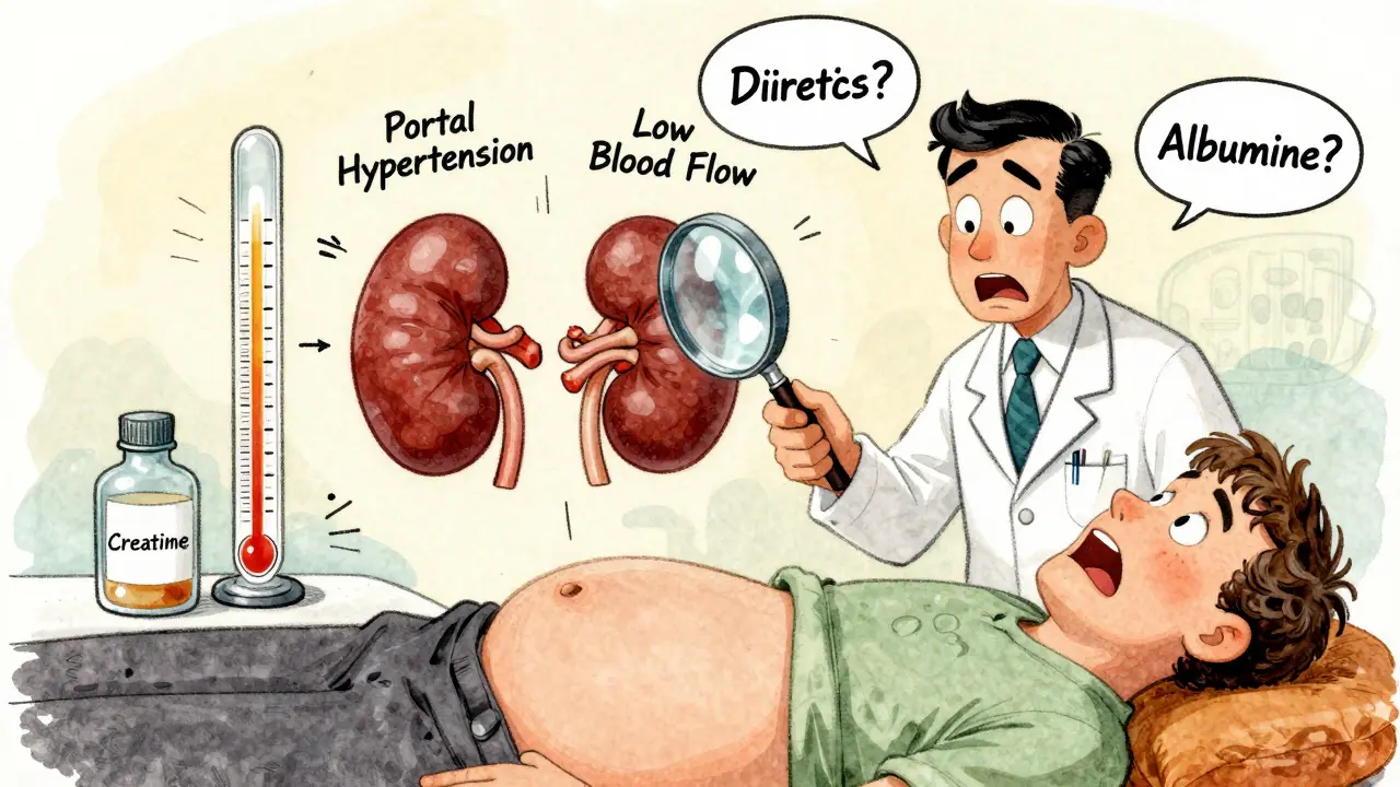 Médecin observant un patient avec une loupe révélant des reins écrasés par une pression invisible, style cartoon vintage.