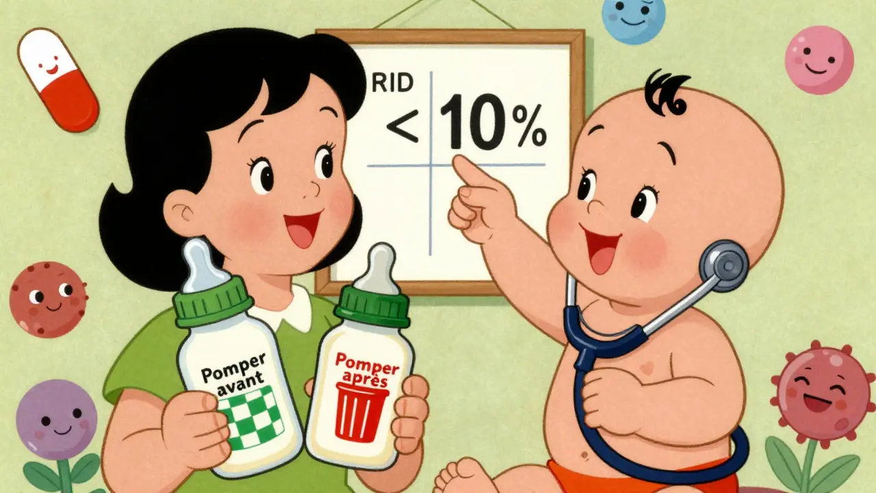 Mère compare deux bouteilles de lait avec des symboles de sécurité, bébé pointe un graphique, style cartoon vintage.