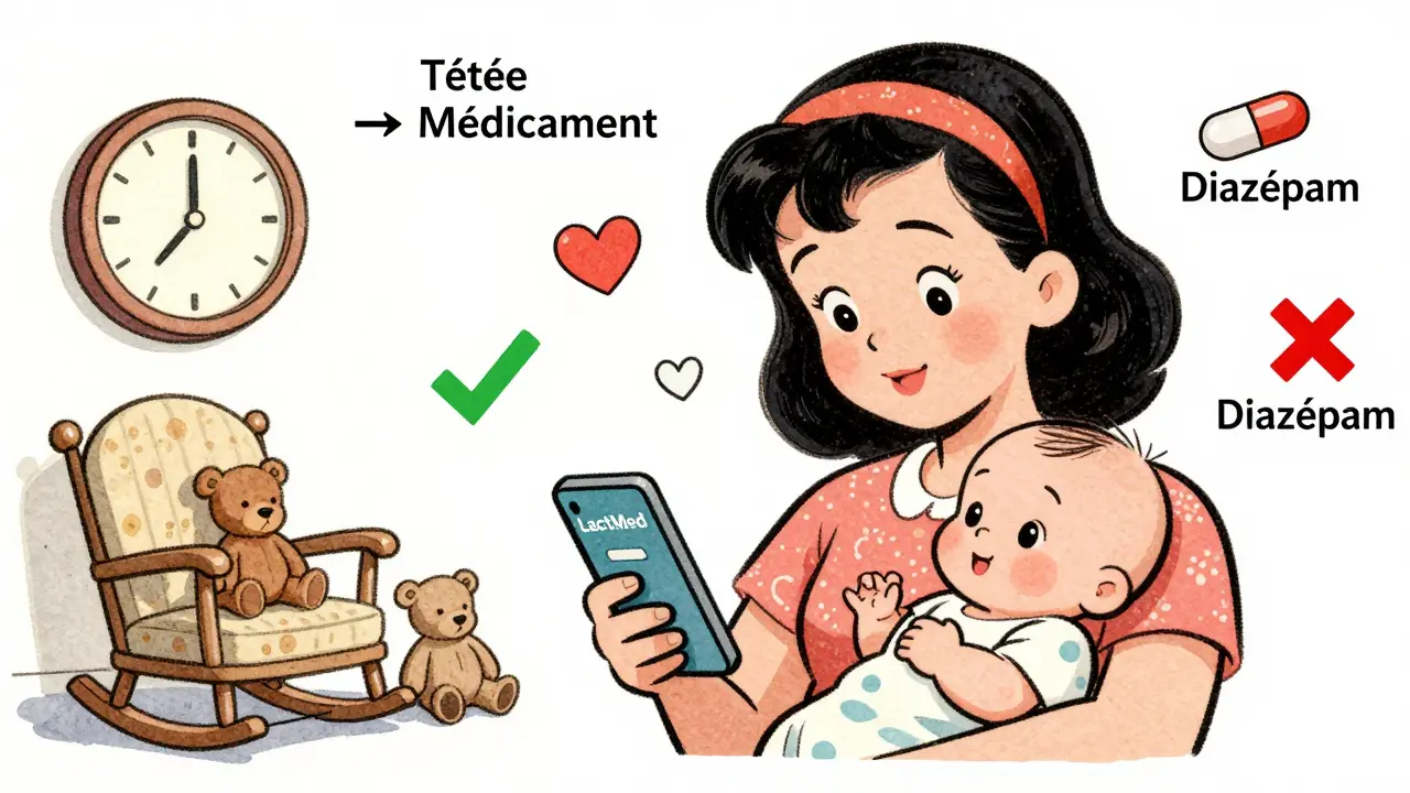 Mère consulte une application LactMed avec des icônes de médicaments et d'horloge, style cartoon rétro.