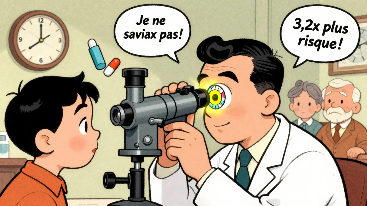 Ophtalmologue utilisant un biomicroscope géant pour observer une cataracte stéroïde, avec des gouttes et inhalateurs flottants et des patients à risque.