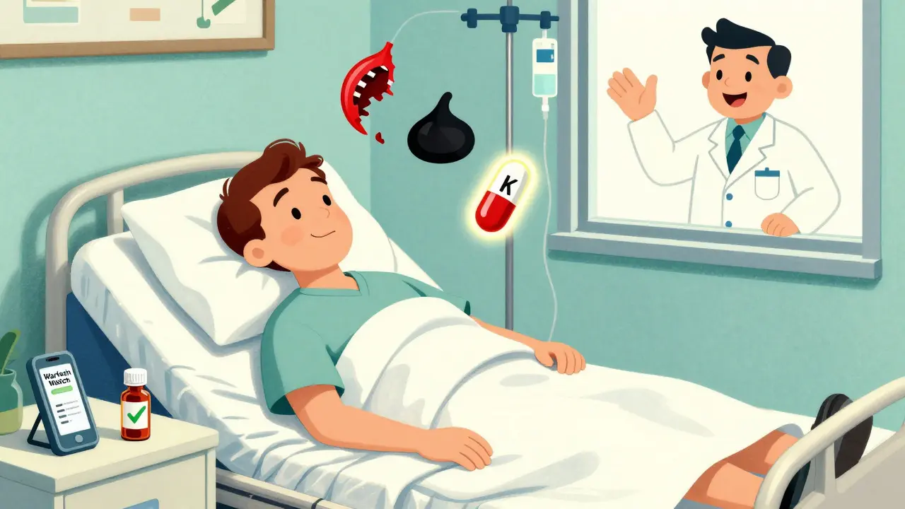 Patient à l'hôpital entouré d'icônes de saignement, avec une application de sécurité et une seule pilule sûre sur la table de nuit.