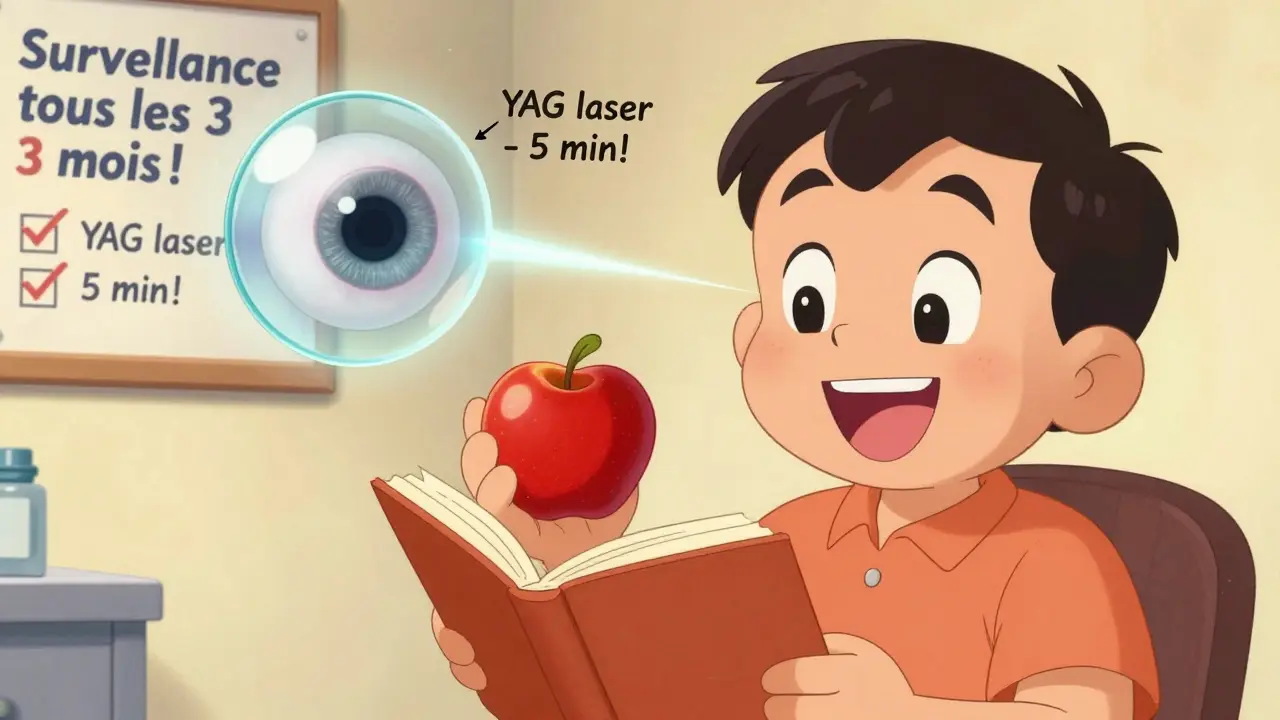 Patient souriant après chirurgie, tenant une pomme rouge vive, une lentille artificielle brillante et un laser YAG qui dissipe l'opacité.