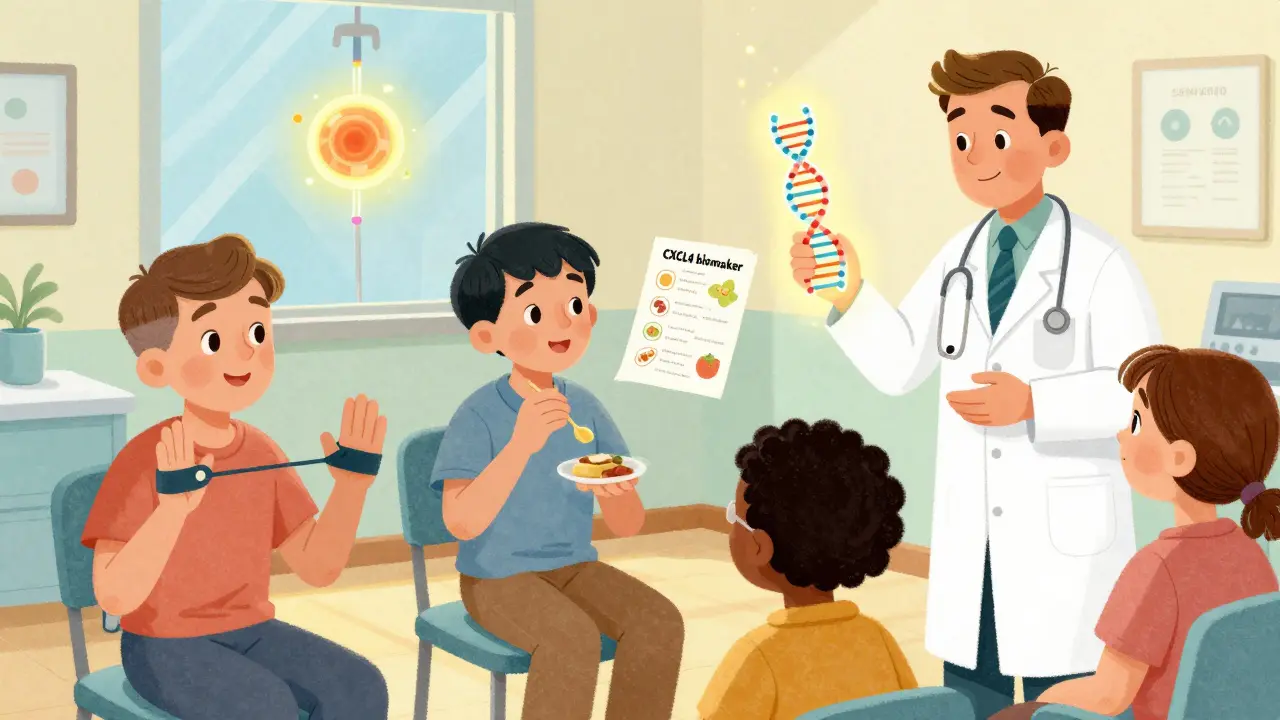 Patients en thérapie dans une clinique, entourés de symboles d'espoir médical.