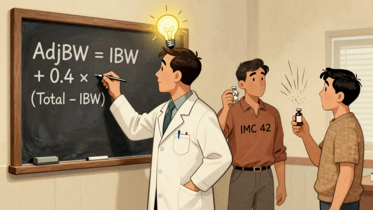 Pharmacien calcule la dose ajustée sur un tableau, tandis qu'un patient reçoit la bonne quantité de médicament.