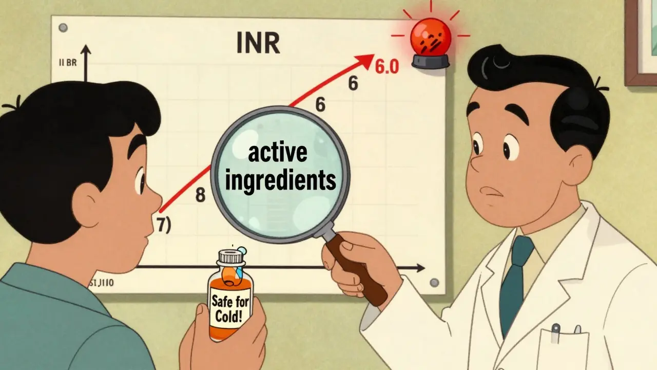 Pharmacien montrant les ingrédients actifs d'un sirop contre le rhume avec une loupe, en style cartoon rétro.