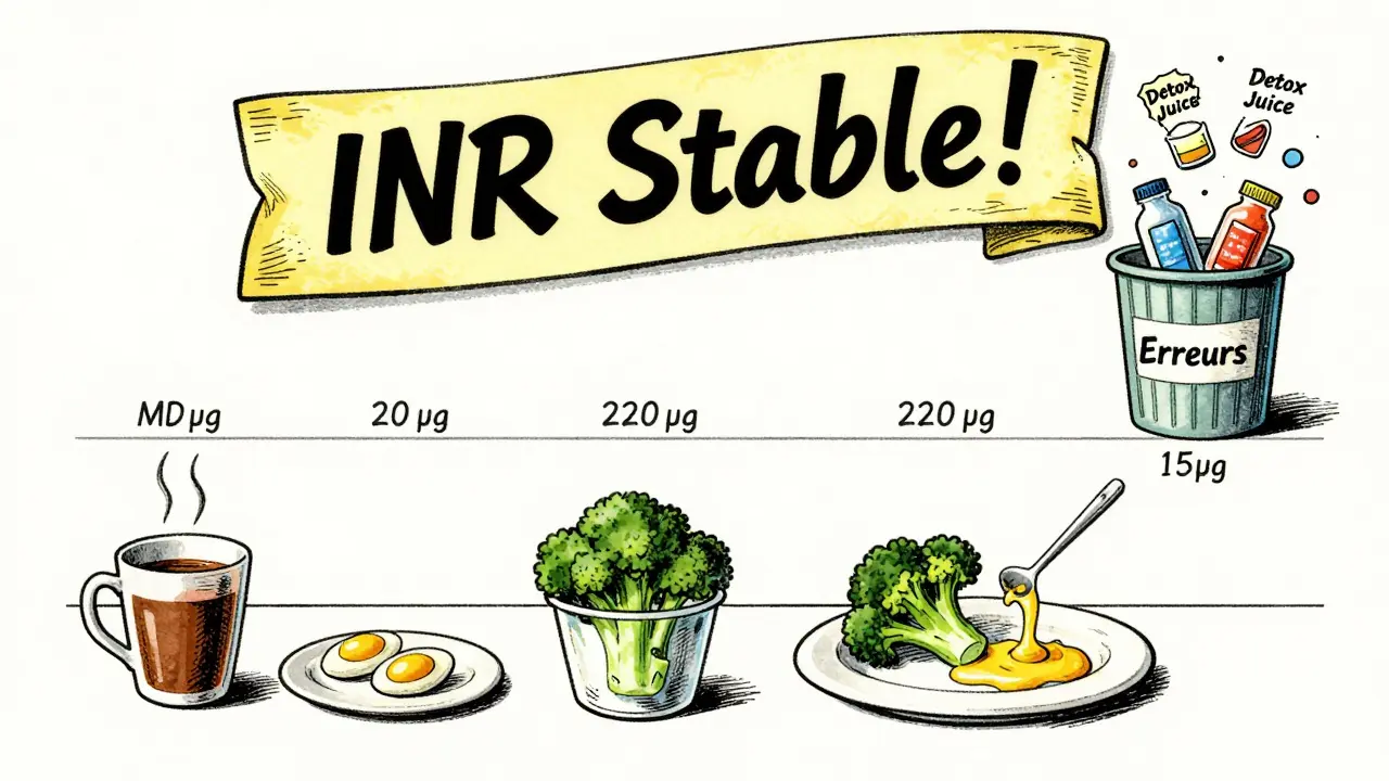 Routine alimentaire quotidienne avec portions mesurées de vitamine K, symbolisant la constance.