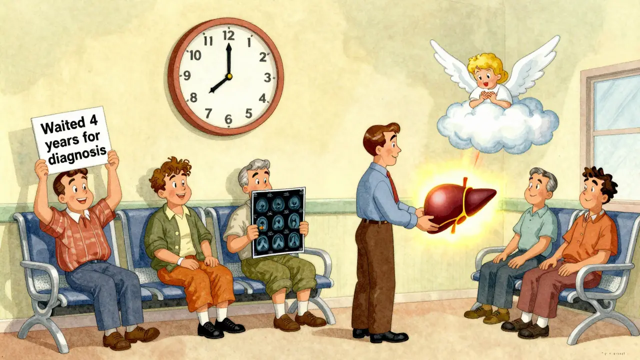 Salle d'attente d'hôpital avec des patients attendant un diagnostic, un transplant hépatique symbolique au-dessus.