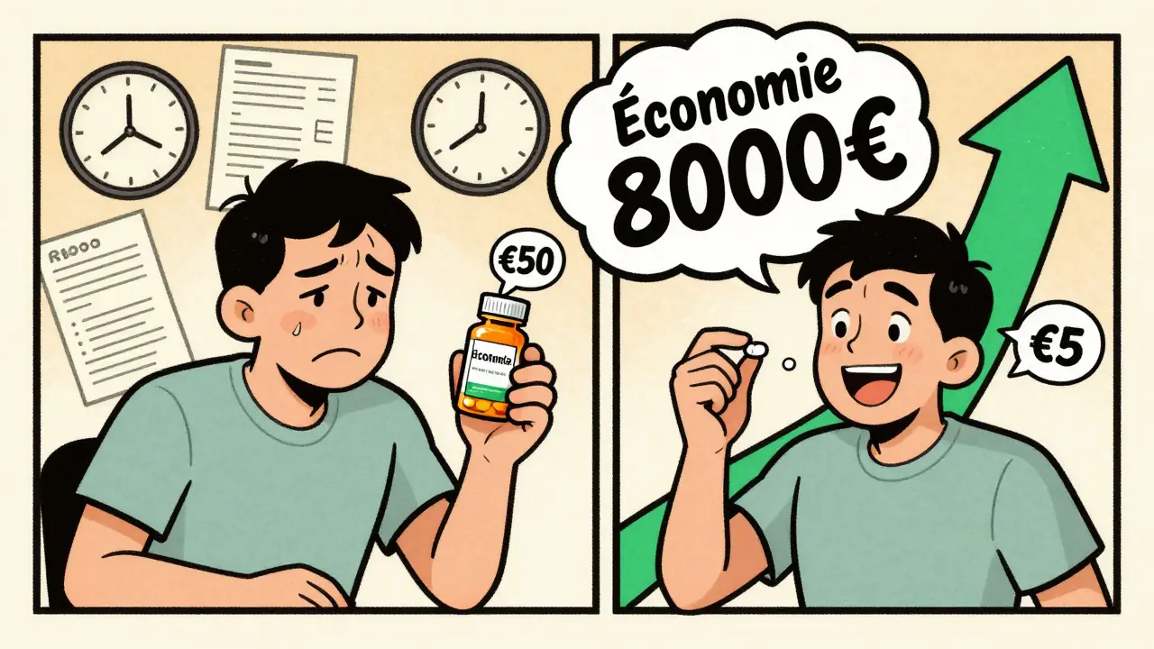 Scène divisée : patient stressé avec médicament cher à gauche, heureux avec générique à droite.