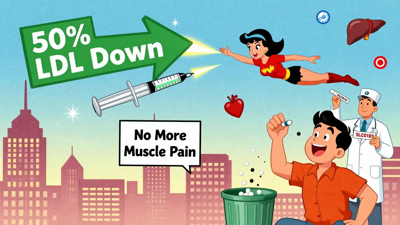 Super-héroïne Inclisiran injectant deux seringues qui réduisent le cholestérol, tandis qu'un patient jette une statine à la poubelle.