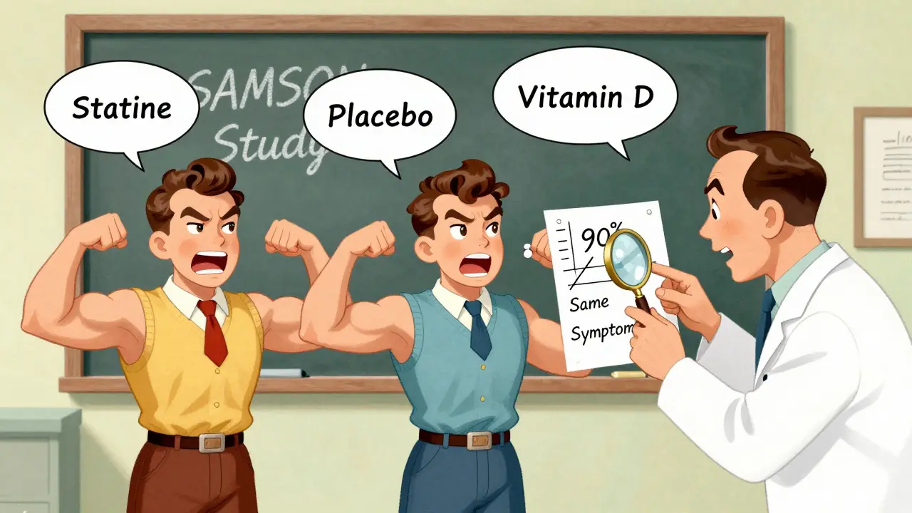 Trois patients prenant des pilules identiques, tous avec la même douleur musculaire, dans un essai clinique en style cartoon vintage.