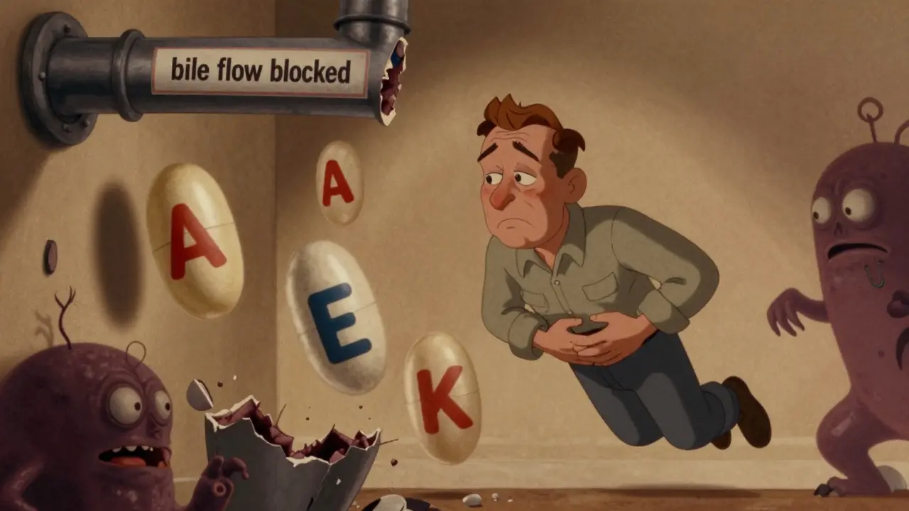 Un homme fatigué avec des vitamines qui tombent à travers des tuyaux bloqués, une ombre de cancer en arrière-plan.