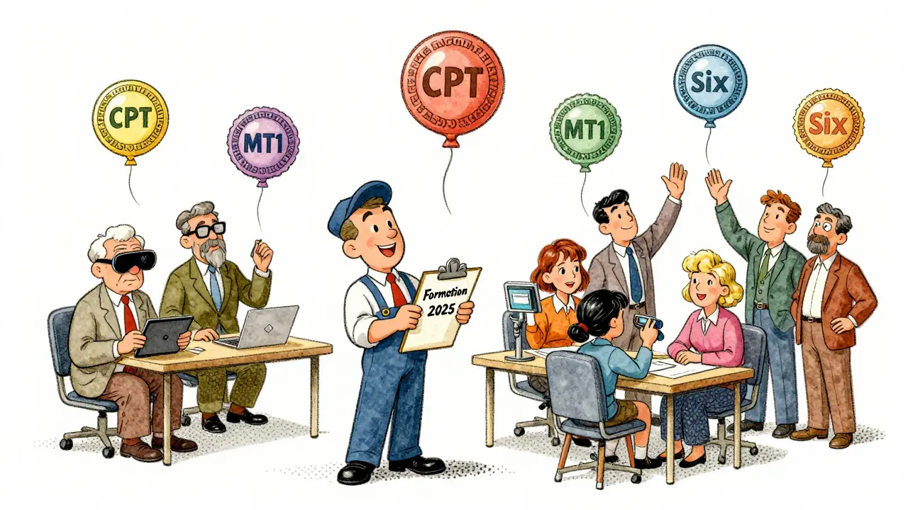 Un patron de petite usine entouré de badges de micro-certifications qui s'élèvent comme des ballons au-dessus d'équipes formées de tous âges.